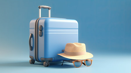 Blue travel suitcase with hat and sunglasses on blue background. 3D renderingの素材