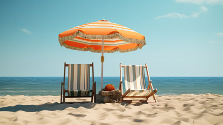 Beach chair and umbrella on the beach. 3d render.の素材