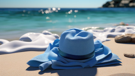 Blue hat on a tropical beach with blue towel and sea in the backgroundの素材