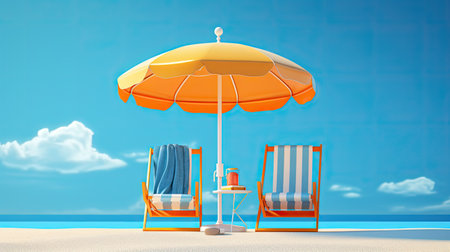 Beach chair and umbrella with blue sky background. 3d renderingの素材