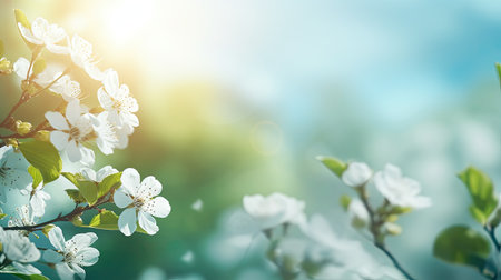 Blossoming branch of cherry on a background of blue sky and sunの素材