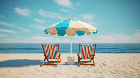 Beach chairs and umbrella on a sunny day. 3d renderingの素材