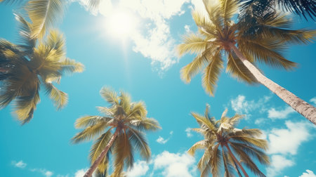 Coconut palm trees on blue sky background. Vintage tonedの素材