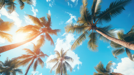 Coconut palm tree and blue sky background. Vintage tone.の素材