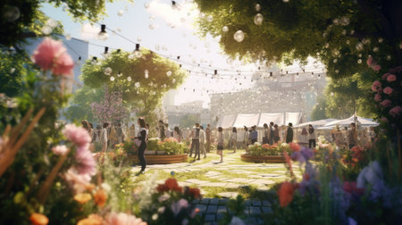 Crowd of people in the park with flowers in the foreground.の素材