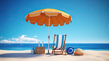 Beach umbrella and deck chair on the sand. 3d renderingの素材