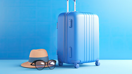 3D illustration of blue travel suitcase with hat and sunglasses on blue backgroundの素材