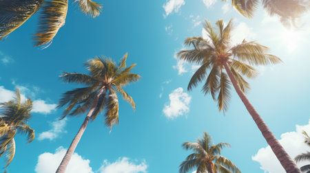Palm trees against blue sky with white clouds. Tropical background.の素材