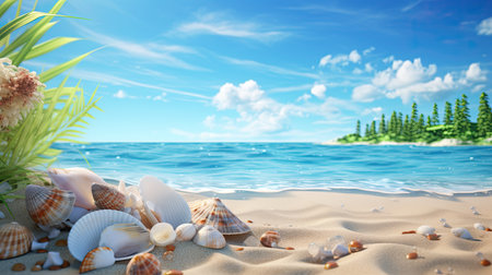 Seashells on the beach. 3d render. Summer backgroundの素材
