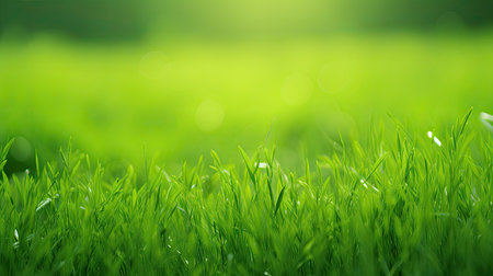 Close up of fresh green grass with bokeh effect. Spring backgroundの素材
