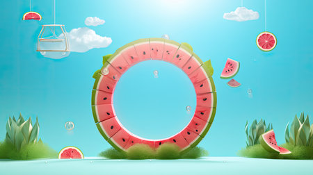 Watermelon fruit floating in the air with sky background. 3d renderingの素材