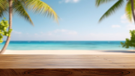 Wooden Table Top Background in the Concept of a Summer Vacationの素材