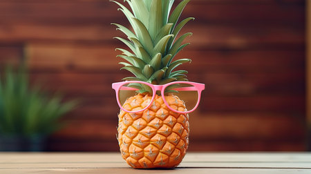 Pineapple with pink glasses on wooden table. Concept of summer vacationの素材