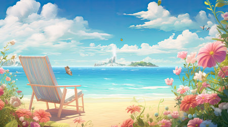 Beach chair on the sand with beautiful flowers. 3d renderの素材