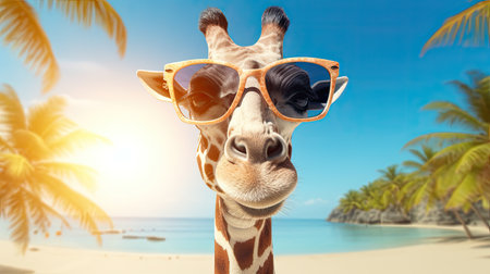 Funny giraffe wearing sunglasses on tropical beach. Collage.の素材
