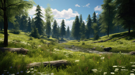 Beautiful summer landscape with green meadow and forest. Digital paintingの素材