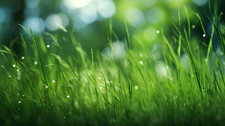 Fresh green grass with dew drops close up. Natural background.の素材