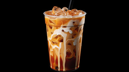 Iced coffee with milk on a black background. Close up.の素材