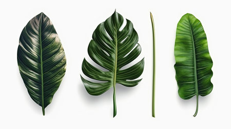 Realistic Detailed 3d Green Tropical Leaf Set. Vector illustrationの素材
