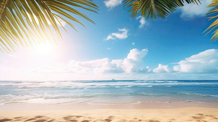 Tropical beach with palm leaves, blue sky and white cloudsの素材