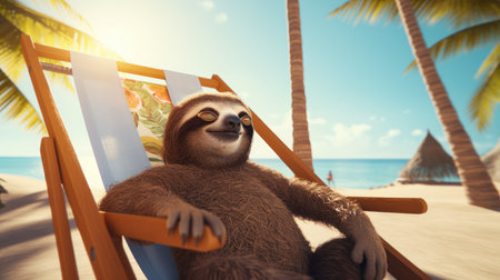 Realistic 3d Render of Sloth relaxing on beach chair.の素材