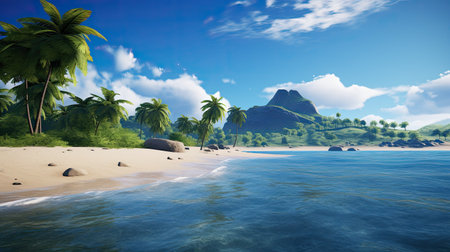 Tropical beach with palm trees and rocks, 3d renderの素材