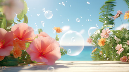 Flower background with soap bubbles and bokeh effect. 3d renderingの素材