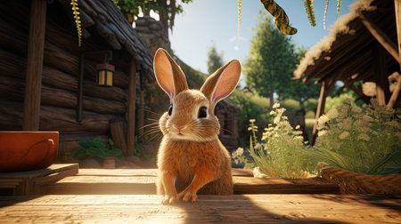 Rabbit sitting on a wooden floor in the village. Easter conceptの素材