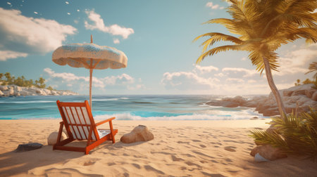 Beach chair with umbrella on tropical sand beach. 3d renderの素材