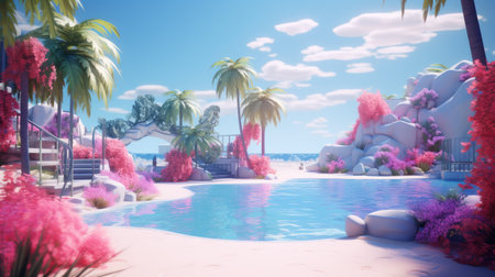 Tropical landscape with palm trees and swimming pool. 3d renderの素材