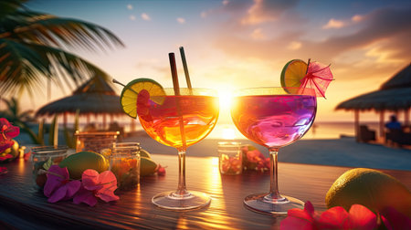 Cocktails on the beach at sunset. Tropical summer vacation conceptの素材