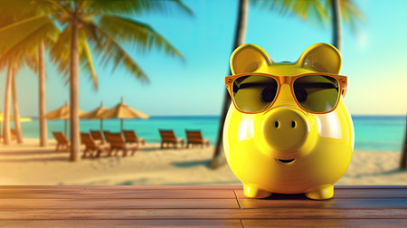 Piggy bank with sunglasses on the beach. 3d renderingの素材