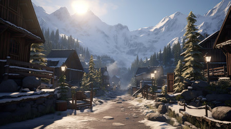 3d render of alpine village in winter with snow covered treesの素材