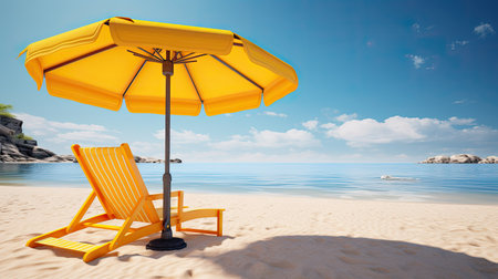 Beach chair with yellow umbrella on the beach. 3d renderingの素材