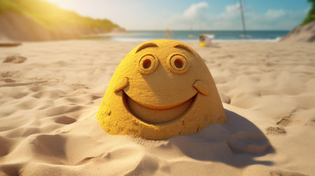 Smiling face on the sandy beach. 3d render. Summer vacation conceptの素材