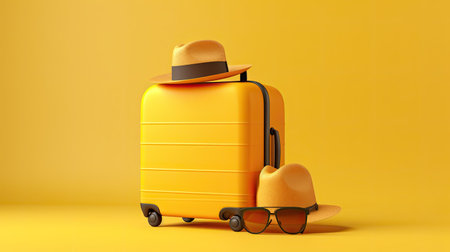 Yellow suitcase with hat and sunglasses on yellow background. 3d renderingの素材