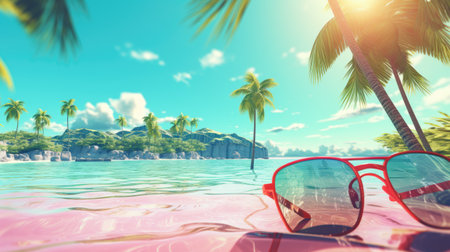 Palm trees and sunglasses on a tropical island. 3d renderingの素材