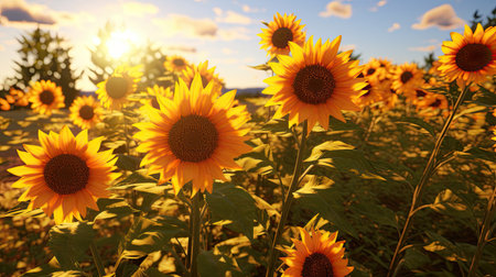 Sunflower field at sunset. Beautiful summer landscape with sunflowers.の素材