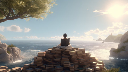 Man reading a book sitting on the top of the mountain. 3d renderの素材