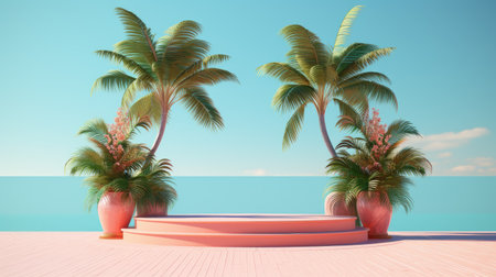 3d render of tropical podium with palm trees and sea background.の素材