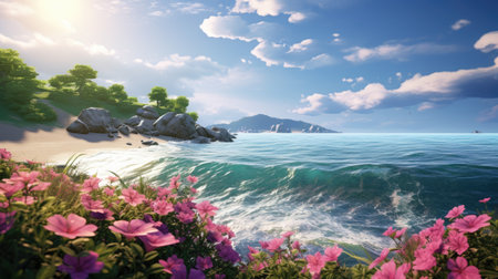 Sea landscape with pink flowers and blue sky. 3d render.の素材
