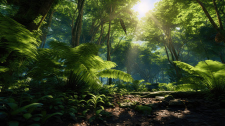 Tropical forest with sun rays through the ferns.の素材