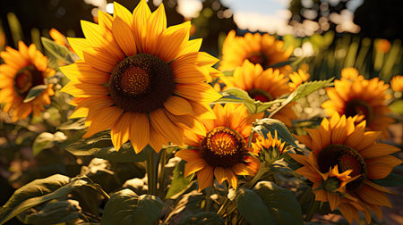 Sunflowers in the garden at sunset. Sunflower blooming.の素材