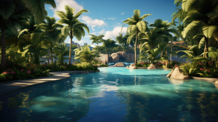 Swimming pool with palm trees on the background. 3d renderingの素材