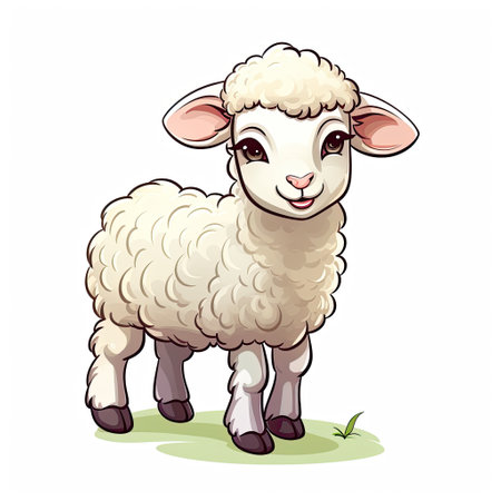 Cute cartoon sheep standing on the green grass. Vector illustration.の素材