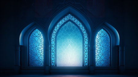 3d rendering of a mosque door with blue light coming through itの素材
