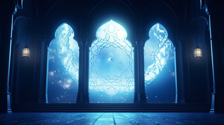 Mysterious dark blue mosque interior with glowing lights. 3D renderingの素材