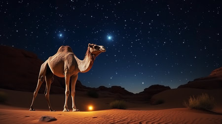 Camel in the desert at night. Mixed media. Mixed mediaの素材