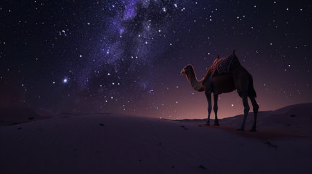 Camel in the desert at night with starry sky and milky wayの素材