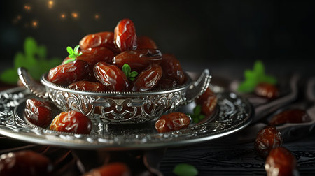 Dates in a silver bowl on a dark background, close upの素材